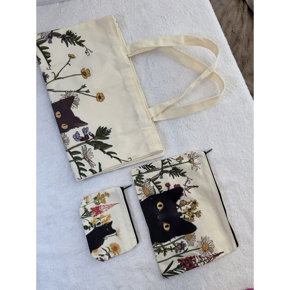 Black Cat Floral Tote Bag & Zipper Pouch 3 Piece Set Botanical NWOT